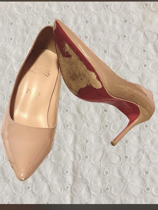 Christian Louboutin Shoes - Christian Louboutin Nude Patent Pointed Toe Stilettos with Red Soles